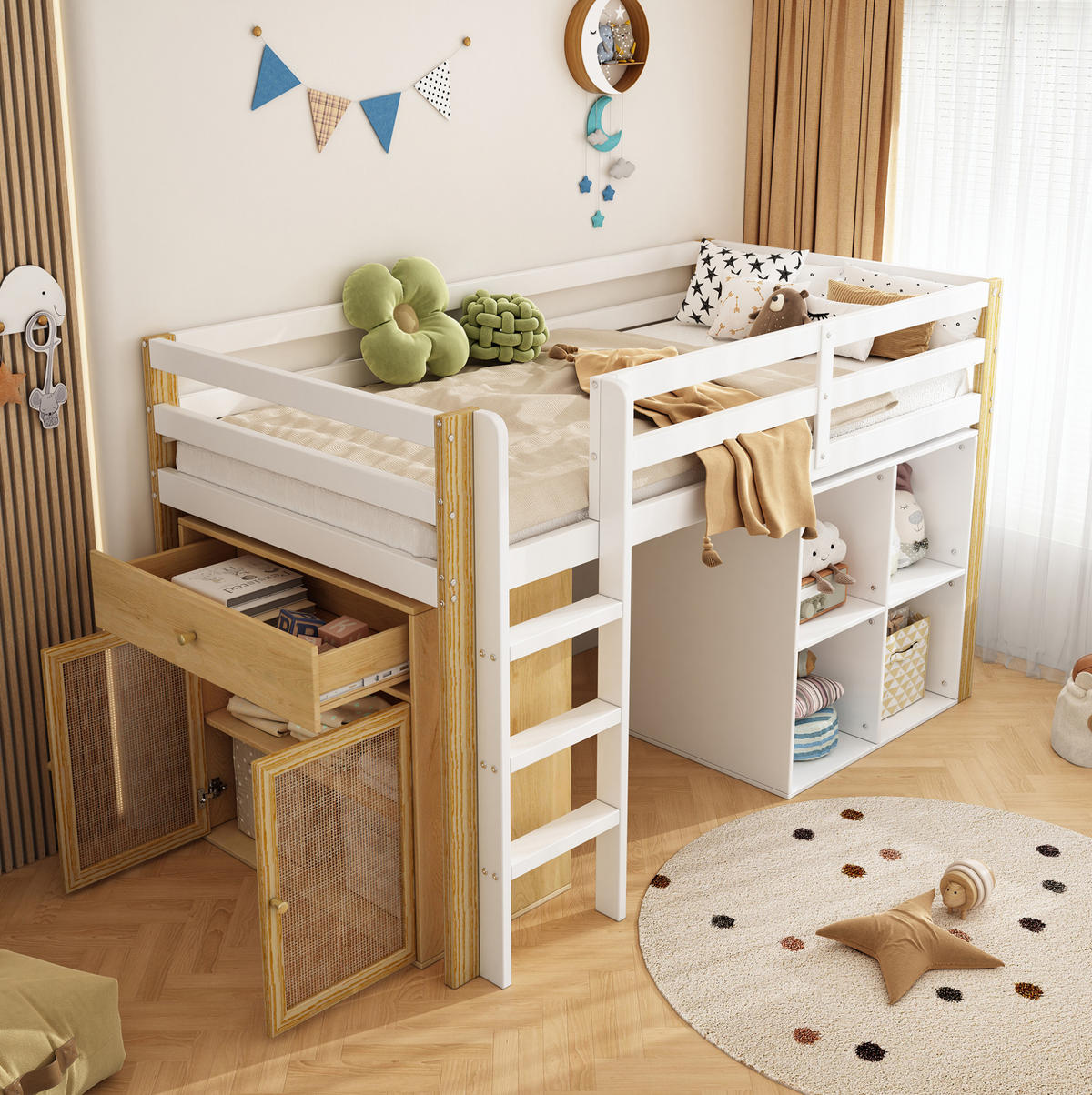 KINDERHOCHBETT mit 2 Aufbewahrungsschränken, 90/200 cm, Natur/Weiß, ohne Matratze - Weiß, Holz (90/200cm) - MIVRAY