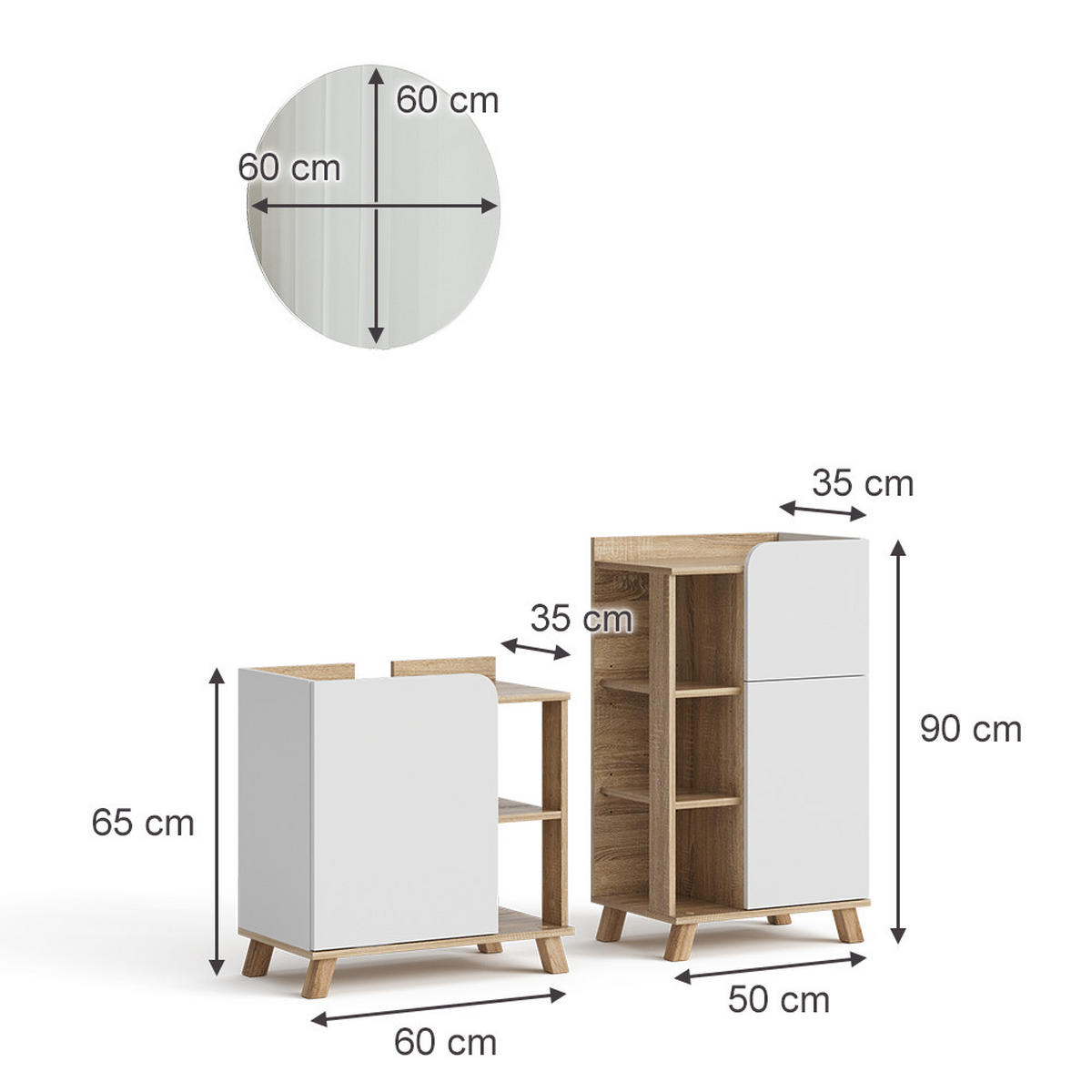 BADMÖBEL-SET Karen Sonoma/Weiß 3 Teile, mit Midischrank - Weiß/Sonoma Eiche, Holzwerkstoff (60/65/35cm) - Vicco