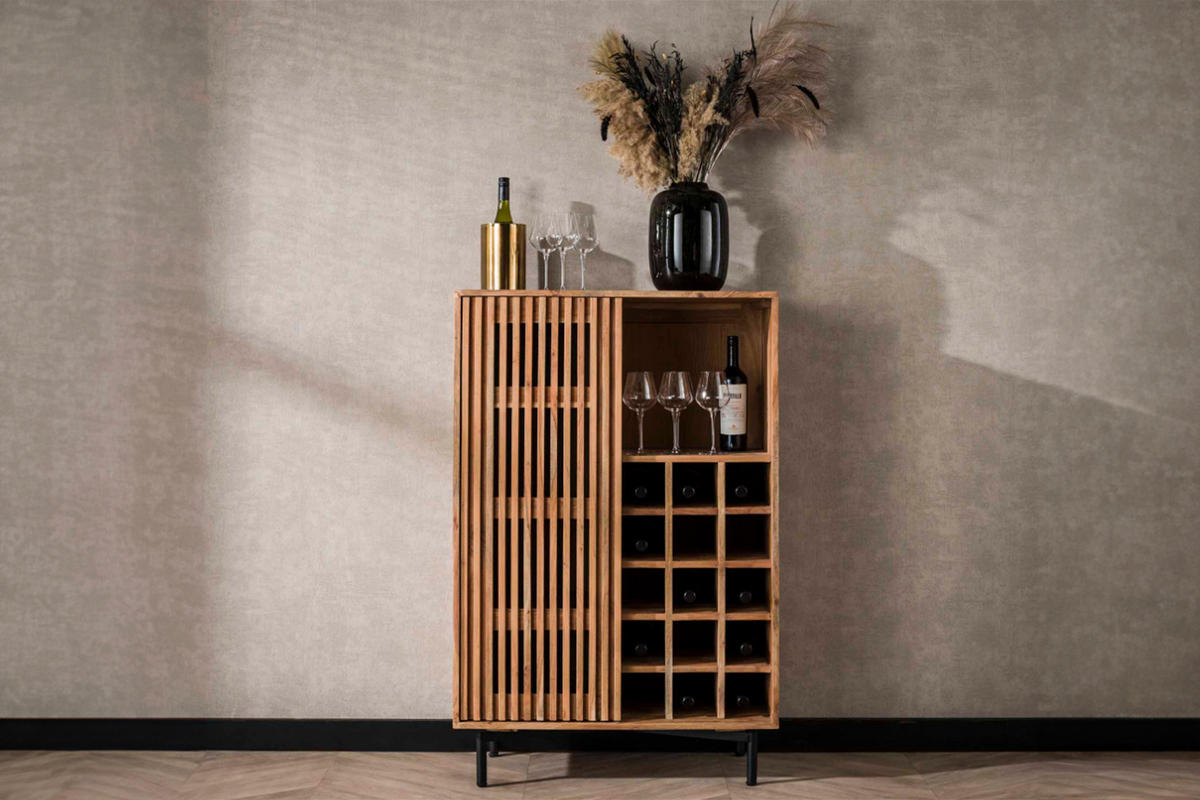 WEINSCHRANK LOJA Braun Akazie - Schwarz/Braun, Holz/Metall (80/122/43cm) - KAWOLA
