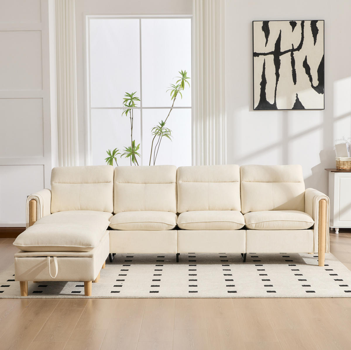 SOFA-SET 4-Sitzer mit 2 Hockern und Stauraum Chenille Beige - Beige, Holz (77/86/261cm) - Meubliv