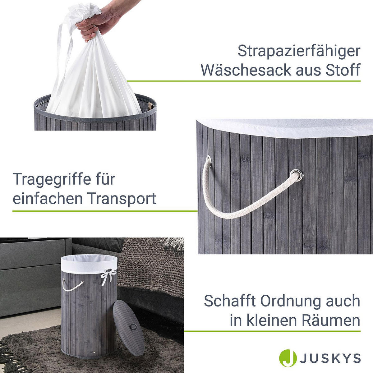 WÄSCHEKORB Curly-Round 55 L grau - Grau, Holz (35/60/35cm) - Juskys