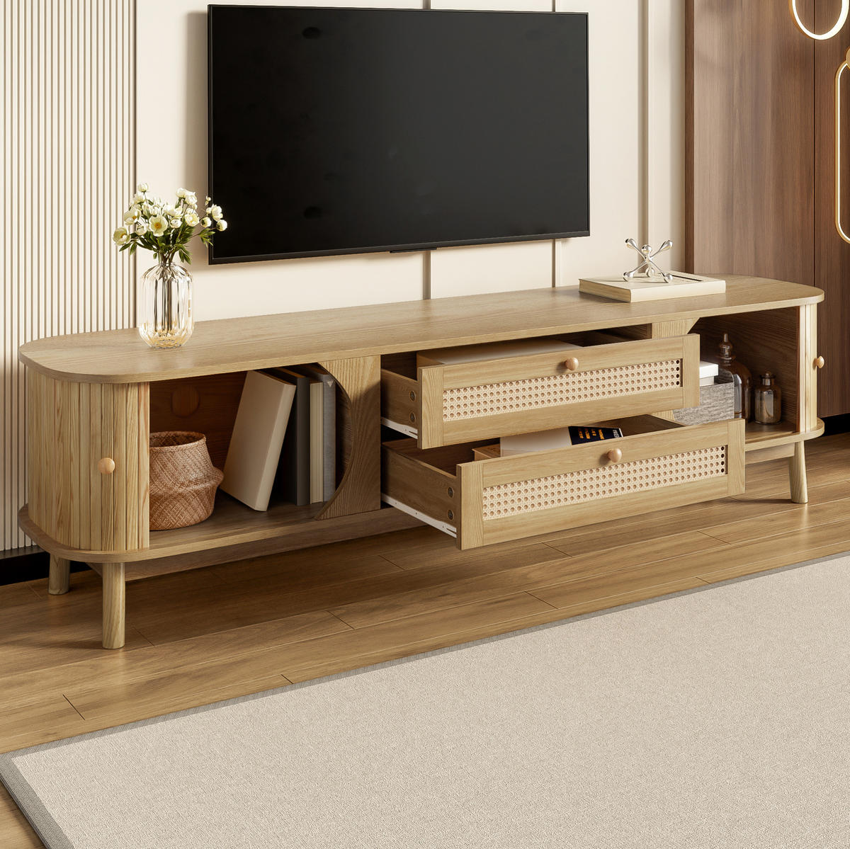 TV-LOWBOARD 170/39,5/46 cm mit Schiebetüren und Schubladen in Natur - Eichefarben, Holzwerkstoff (170/46/39.5cm) - BEAOK