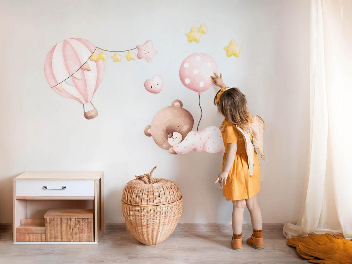 WANDAUFKLEBER 130x121cm - Teddybär-Luftballons und Sterne - Multicolor, Kunststoff (130/121/0.1cm) - Wallfluent