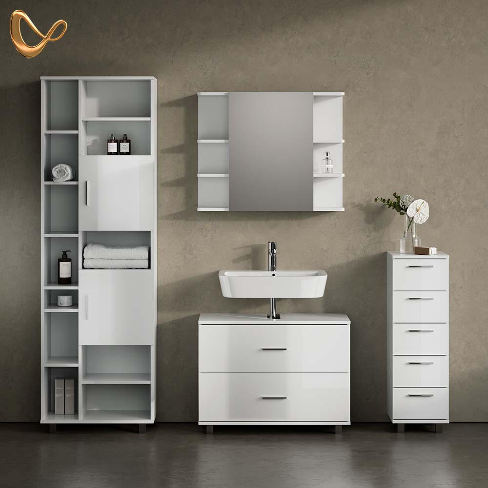 BADMÖBEL-SET Eisak Weiß Hochglanz 4 Teile, mit Hochschrank - Weiß Hochglanz/Weiß, Holzwerkstoff (80/60/33cm) - Livinity®