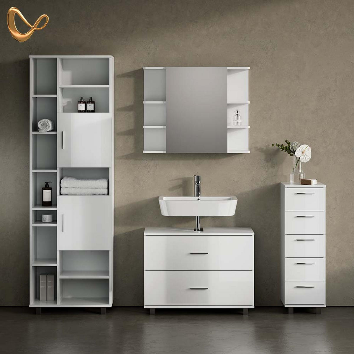 BADMÖBEL-SET Eisak Weiß Hochglanz 4 Teile, mit Hochschrank - Weiß Hochglanz/Weiß, Holzwerkstoff (80/60/33cm) - Livinity®