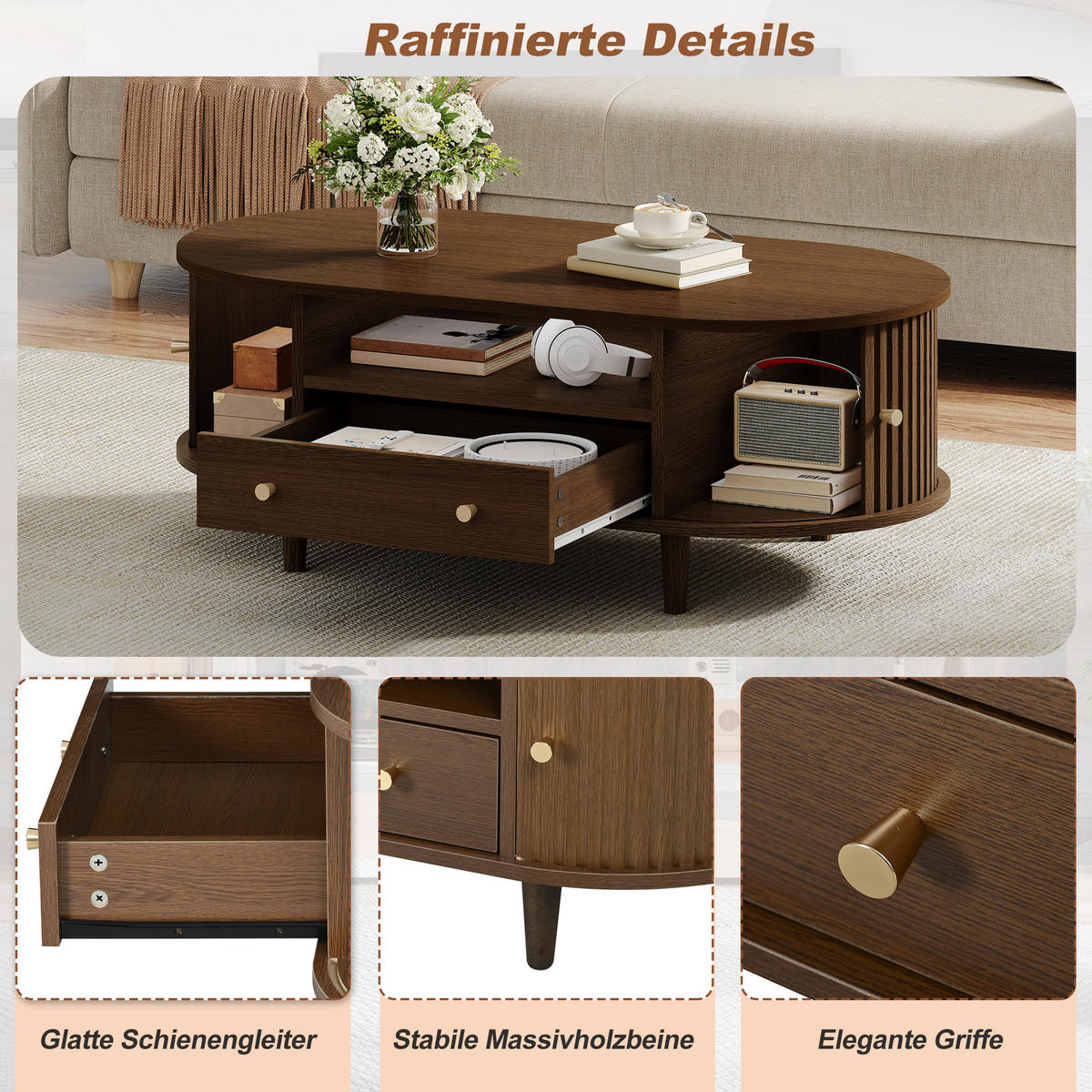 COUCHTISCH Walnuss 1 Schublade Rolltür 4 Beine 100x50x36cm Stauraum - Walnussfarben, Holzwerkstoff (100/50/36cm) - FLIEKS