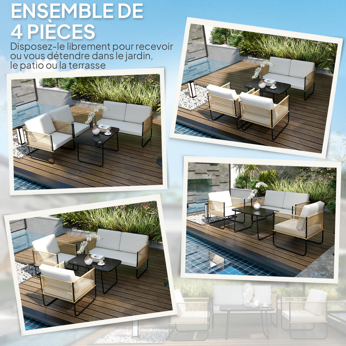 GARTENSET DE-13620 4-teilig mit Glastisch & Kissen Creme - Creme, Kunststoff/Metall - ComfortXL