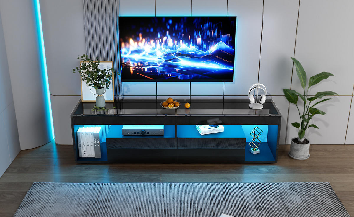 TV-SCHRANK in Hochglanz Schwarz mit LED und 2 Schubladen 180/40/46 cm - Schwarz, Holzwerkstoff (180/46/40cm) - Redom