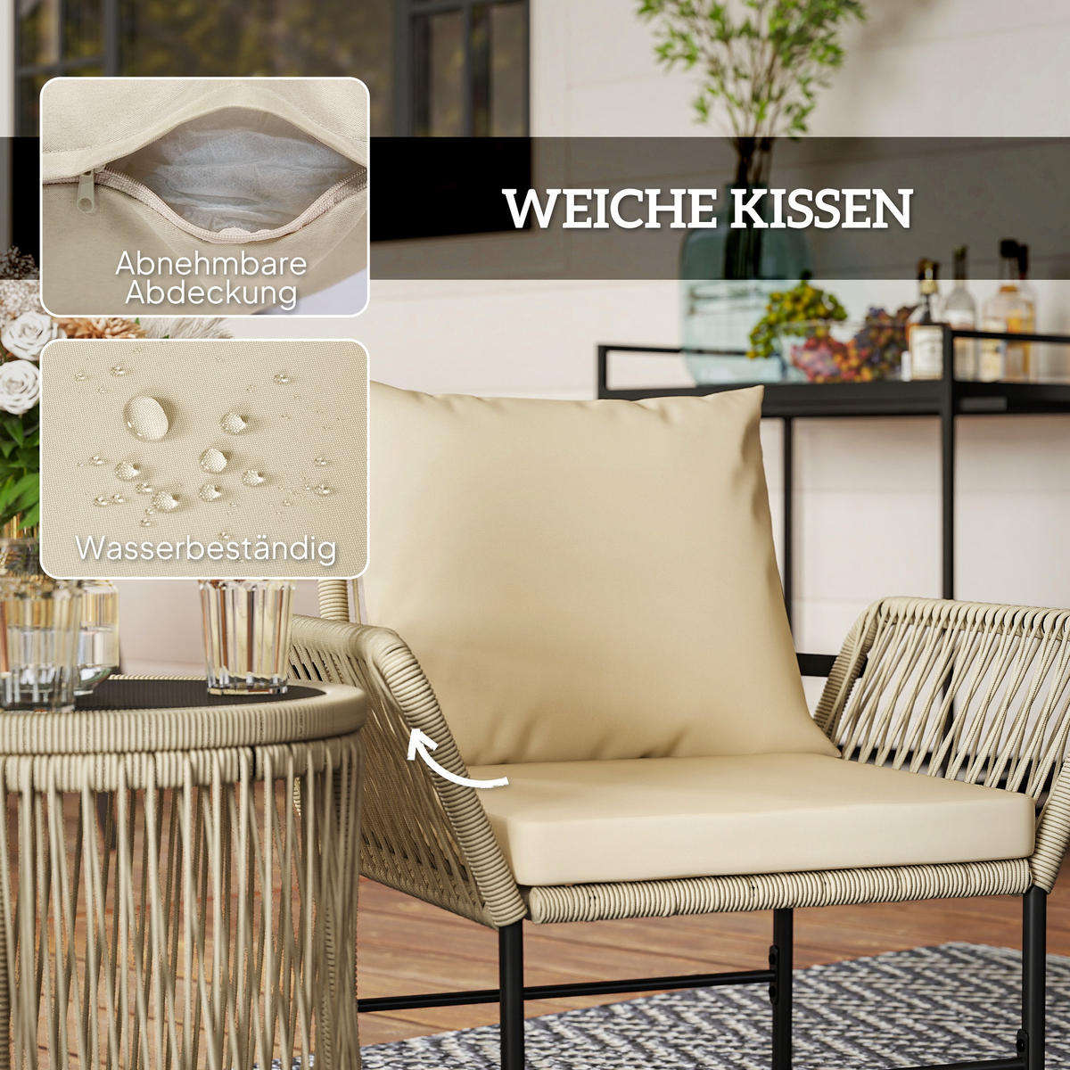 POLYRATTAN Gartenmöbel Set, Outdoor Lounge Balkonmöbel für 2 Personen Khaki - Beige/Schwarz, Textil/Metall - Outsunny