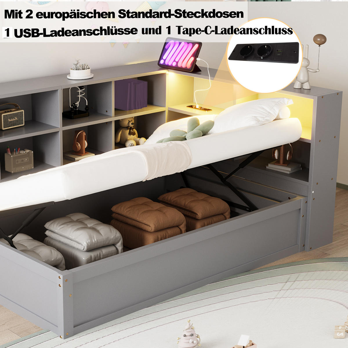 ČALOUNĚNÁ POSTEL 90x200cm Masiv Dřevo LED USB Úložná Šedá - šedá, dřevo (90/200cm) - FLIEKS