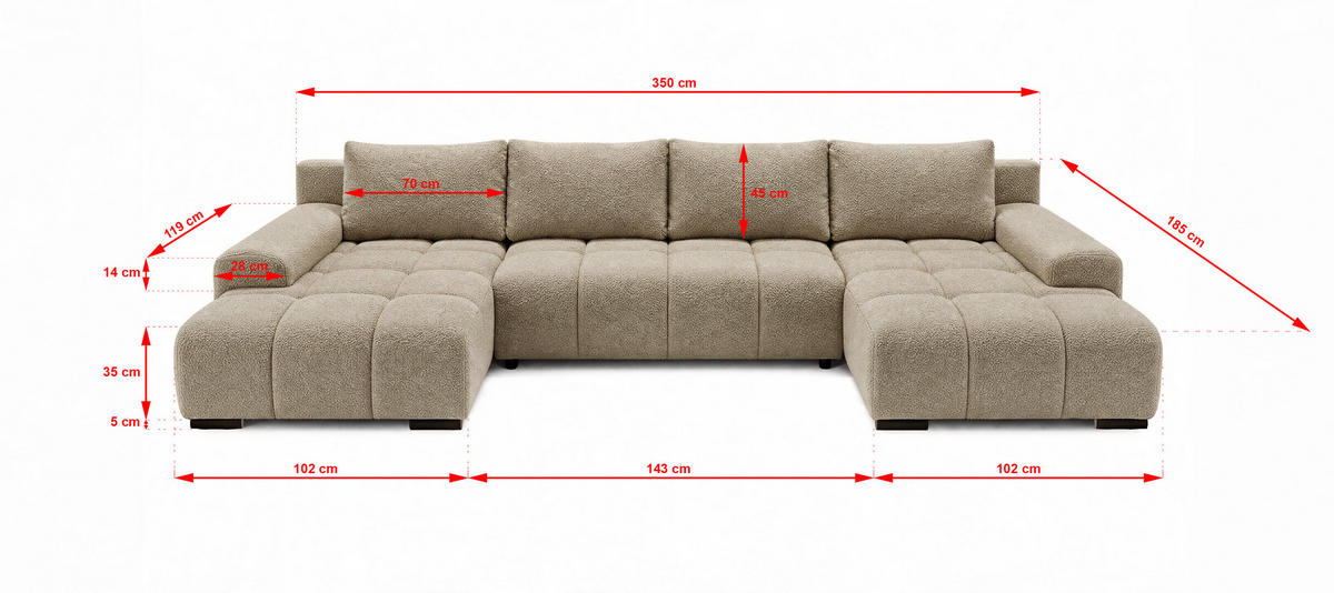 WOHNLANDSCHAFT OVIA U mit Bettkasten und Schlaffunktion, Bouclé-Stoff in U-Form - Cappuccino, Textil (350/80/185cm)