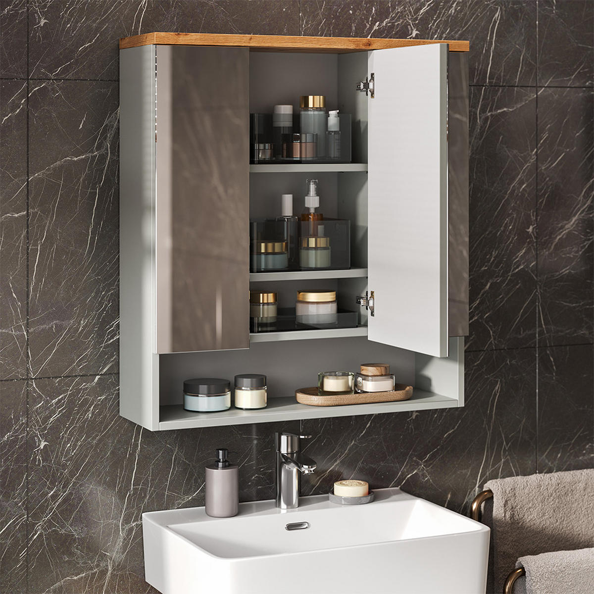 BADSPIEGELSCHRANK Eden Grau/Artisan 70 x 77.5 cm mit 3 Spiegeltüren - Hellgrau/Grau, Holzwerkstoff (70/77.5/21.7cm) - Vicco