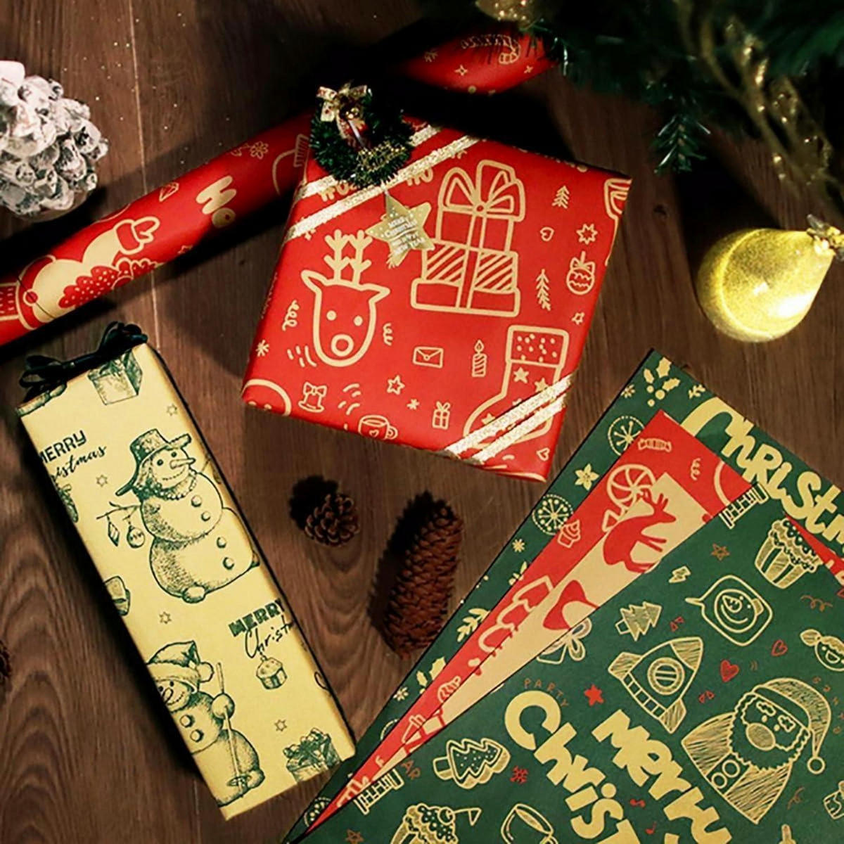 GESCHENKPAPIER Set Weihnachten 8 Blatt 70x50cm Kraft Rot Grün Bunt - Multicolor, Papier (50/1/70cm)