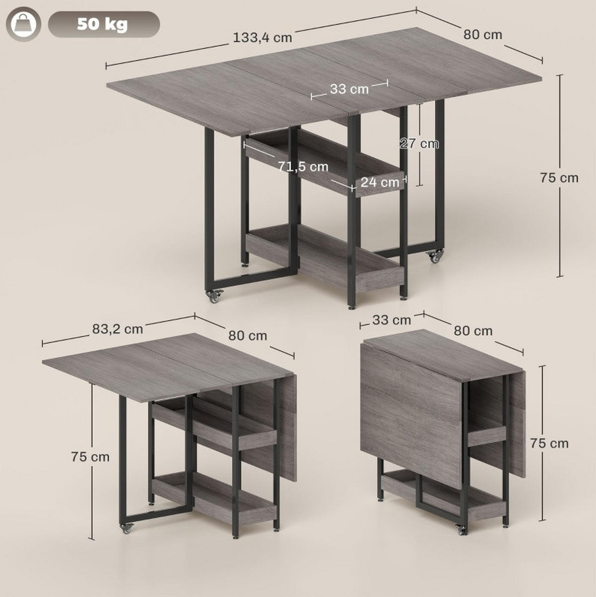ESSTISCH klappbar 133,4 x 80 x 75 cm Grau mit 2 offenen Fächern - Grau, Holz (133.4/80/75cm) - Meubliv