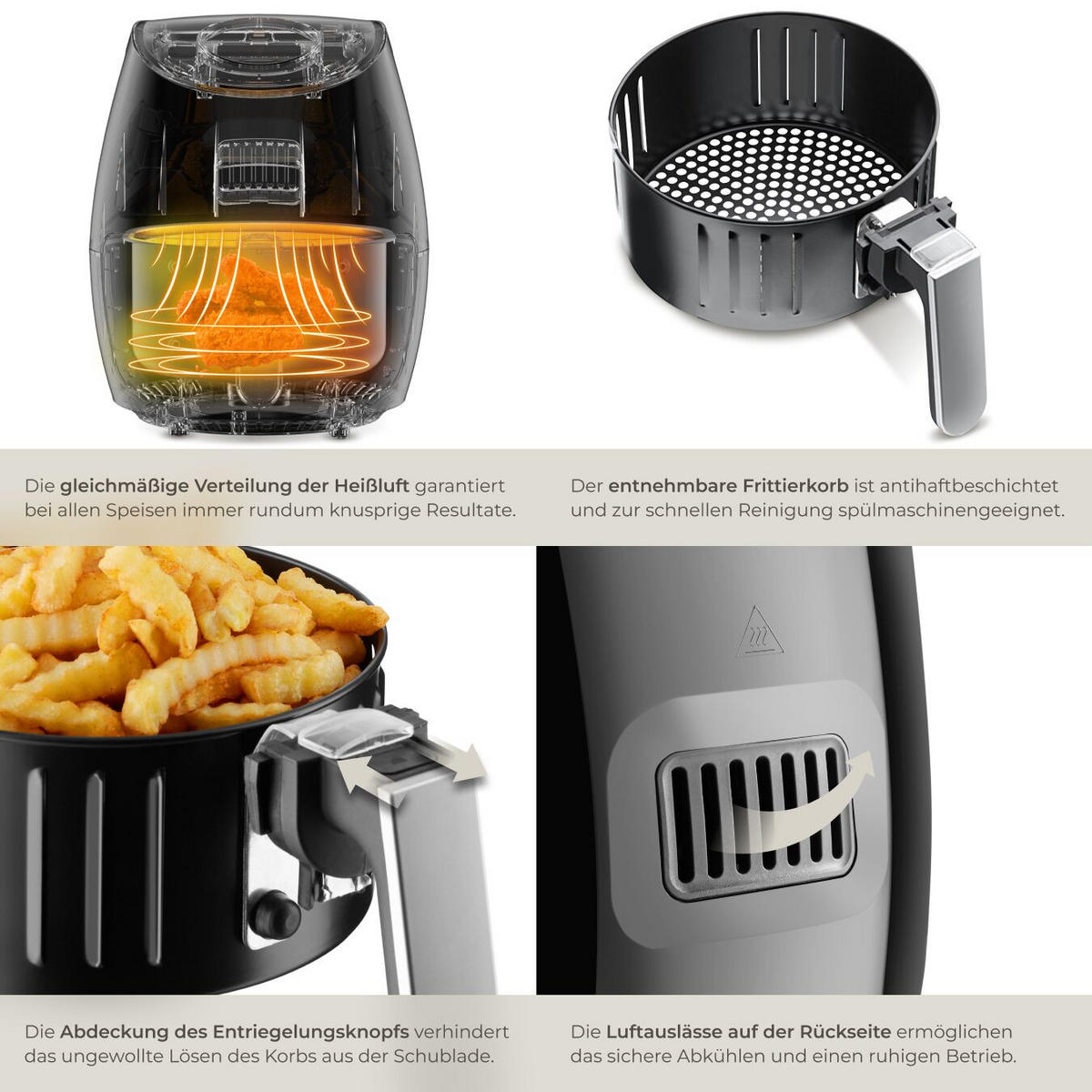 HEISSLUFTFRITTEUSE Mitch, inklusive Rezeptheft, schwarz - Schwarz, Metall (32/31.5/26cm) - tectake