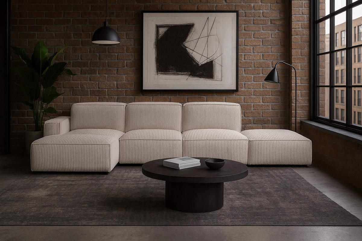 ECKSOFA Cursal L-Form, Stoff Poso, Beige + Hocker, Links - Creme, Holz (341/166cm) - Kaiser Möbel