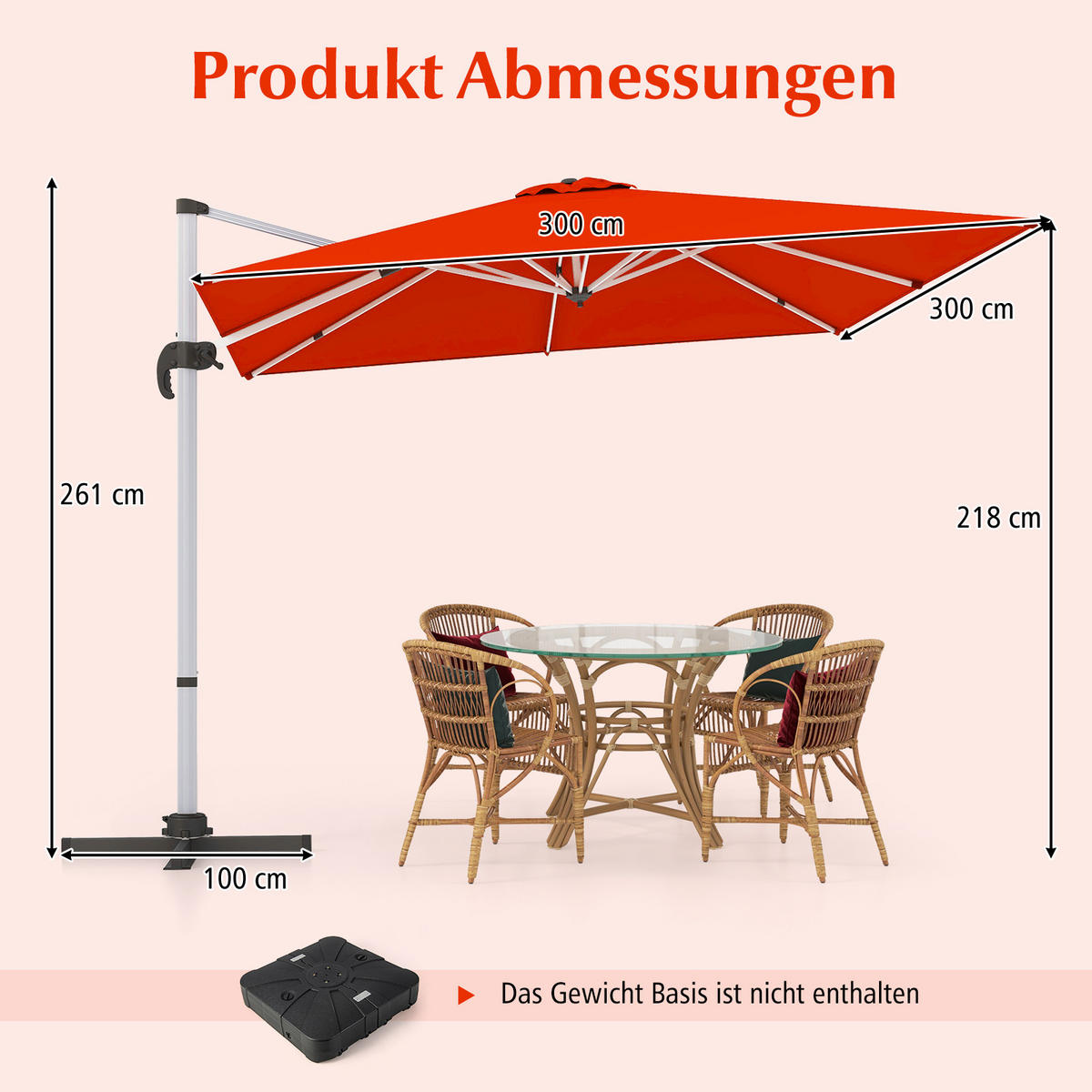 TERASOVÝ SLNEČNÍK 300 cm vínovo červený - vínovočervená, kov (300/300cm) - COSTWAY