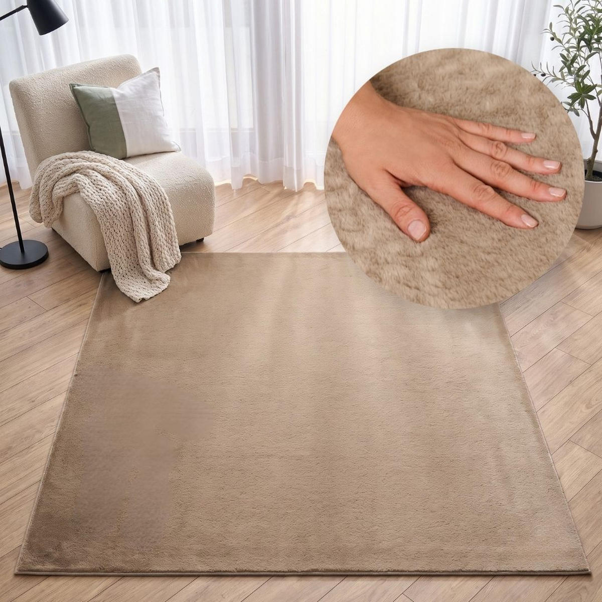 KURZFLORTEPPICH LUMI quadratisch hellbraun kuschelweich waschbar 160/160 cm - Hellbraun, Textil (160/160cm) - Tapiso