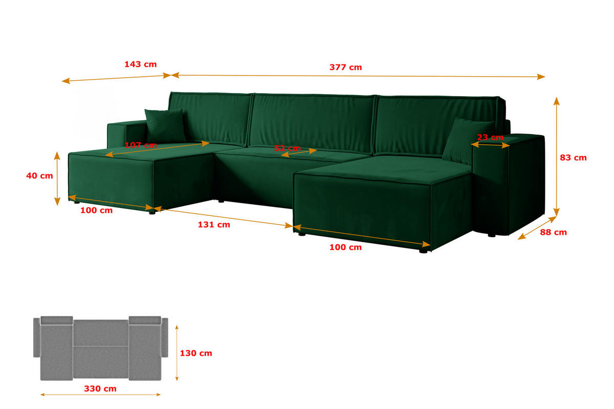 WOHNLANDSCHAFT mit Schlaffunktion und Bettkasten CELTIC-XLU - 377x143x83 cm Grün Velours - Schwarz/Grün, Holzwerkstoff/Kunststoff (377/83/143cm) - ALTDECOR