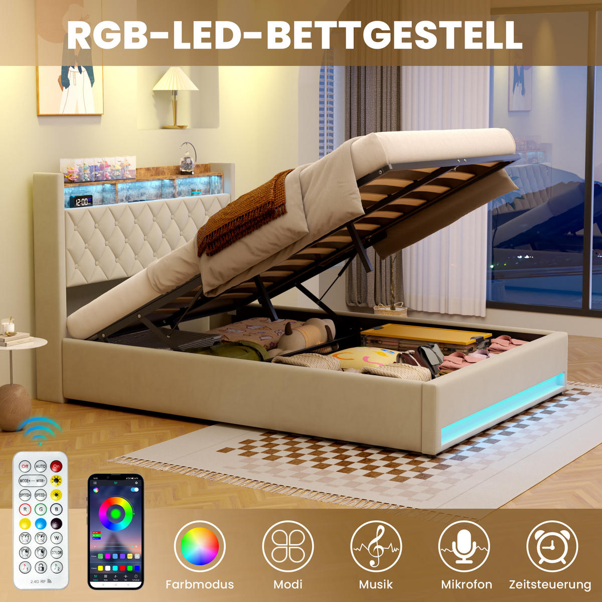 POLSTERBETT aus Samt 160x200 cm Beige mit Stauraum-Kopfteil und LED-Lichtleiste - Beige, Textil (160/200cm) - Modfu