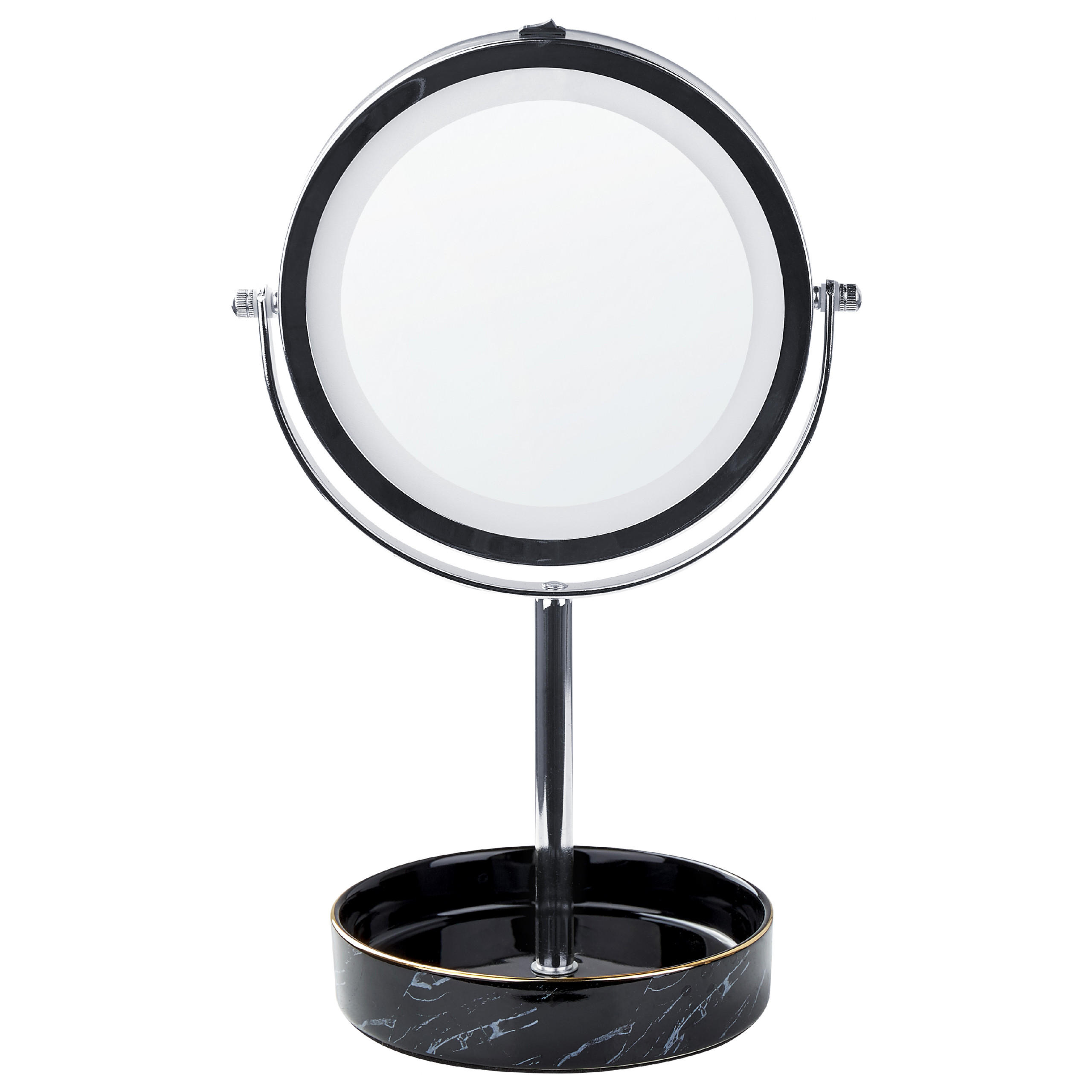KOSMETIKSPIEGEL silber/schwarz mit LED-Beleuchtung 20 cm Savoie - Silberfarben/Schwarz, Metall (20/34/15cm) - Beliani