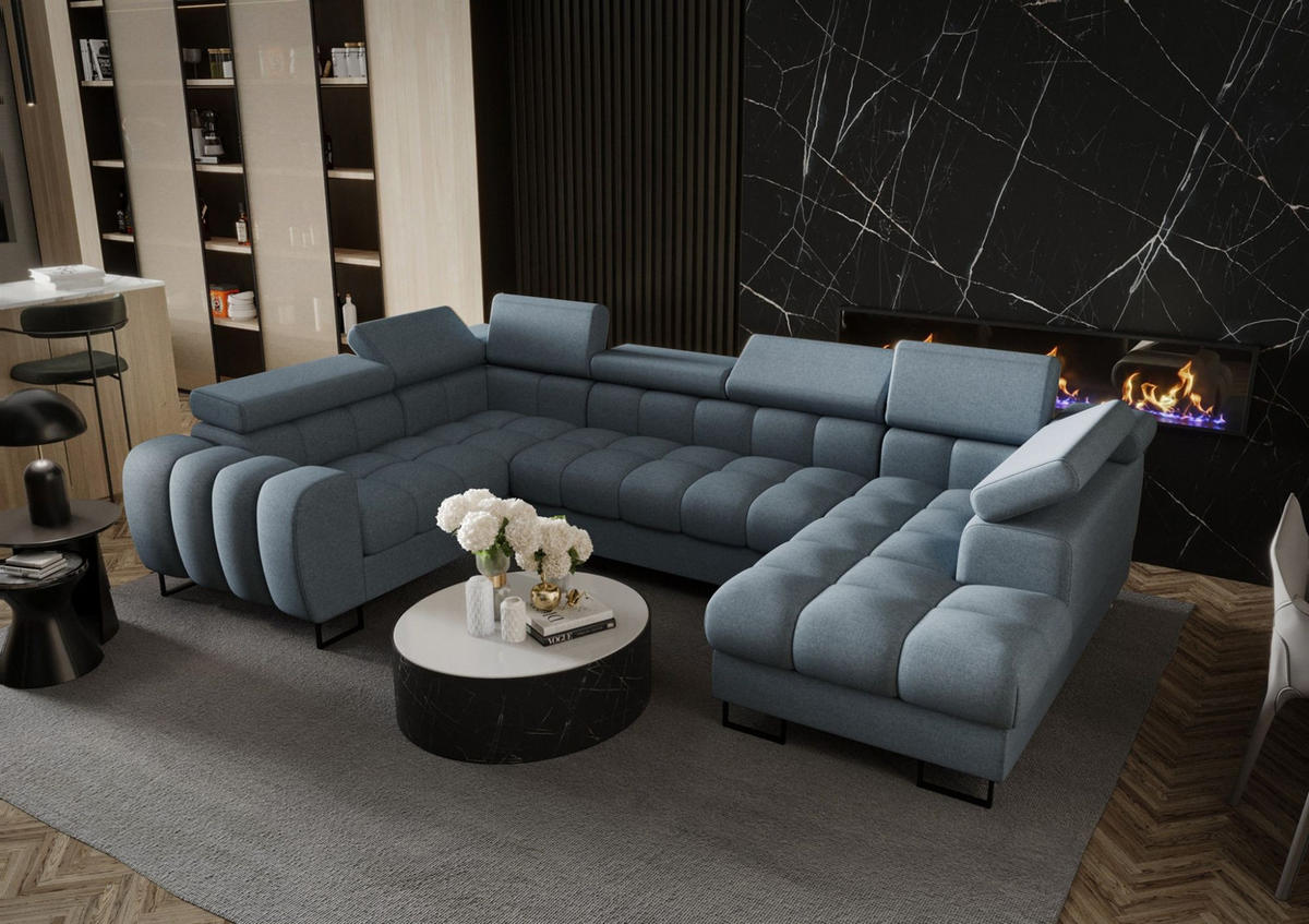 WOHNLANDSCHAFT Bastien - Hellblau, Holzwerkstoff/Textil (350/95/195cm) - Fun Möbel