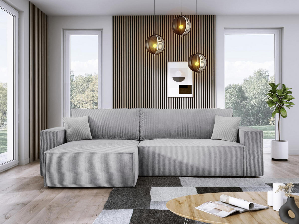 ECKSOFA POSO XL UNIVERSAL, Schlaffunktion und Lattenrost - L-Form, Cord, Federung auf Wellfedern, 274x143x83 cm, Links Silver - Silberfarben, Holz/Textil (277/143cm) - DomoHome