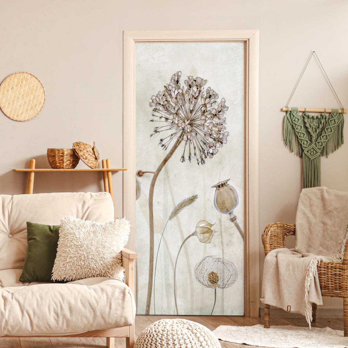 FOTOTAPETE Tür - Blumen - Aquarell - Stilleben - Braun - Vintage 90x205 cm - Ecru, Kunststoff (90/0.1cm) - MuchoWow