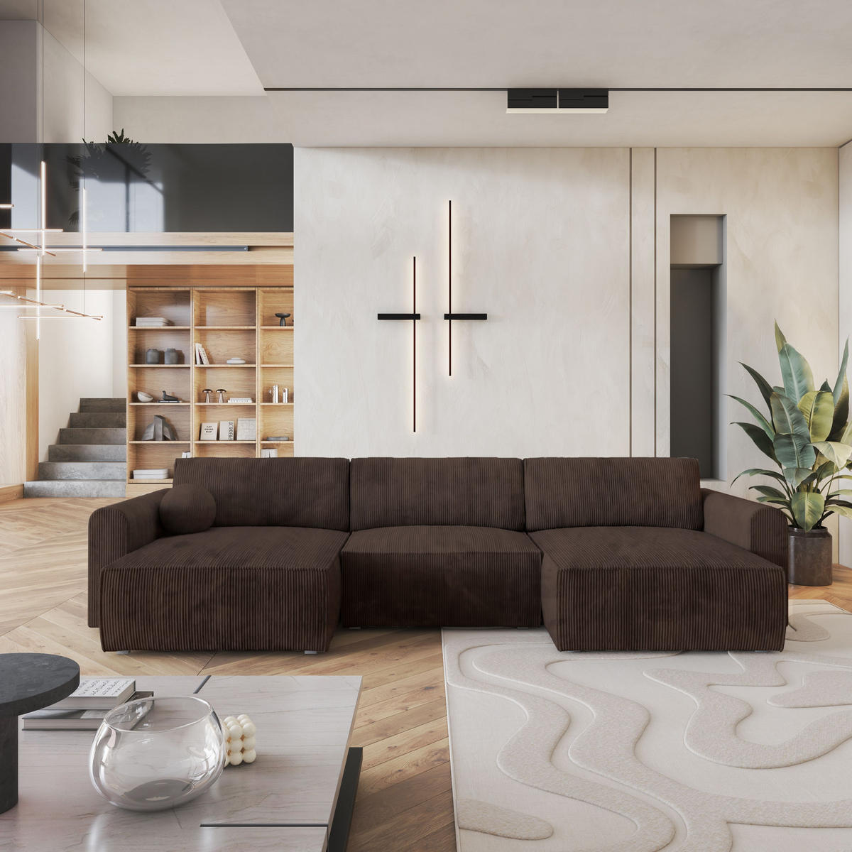 ROHOVÁ SEDAČKA FENTO hnědá - šedá/hnědá, dřevo/textil (347/148cm) - MASSENO