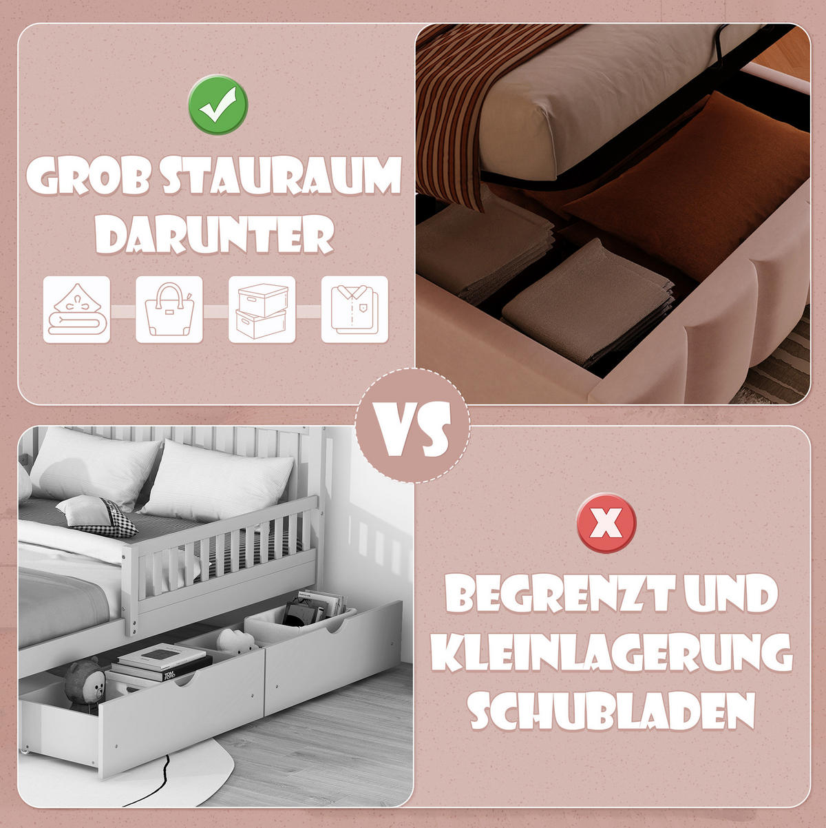 POLSTERBETT mit LED-Beleuchtung 90/200 cm mit Bettkasten in Rosa - Rosa, Textil (90/200cm) - BEAOK