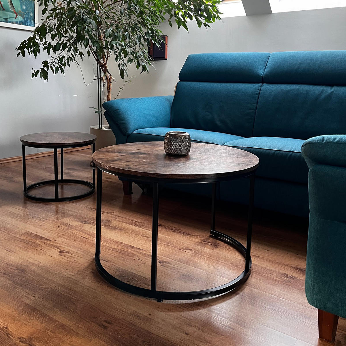 COUCHTISCH Holzoptik Metall Dunkelbraun Schwarz 2er Set 47x53x53 cm - Dunkelbraun/Schwarz, Holzwerkstoff/Metall (53/53/47cm) - Begryf