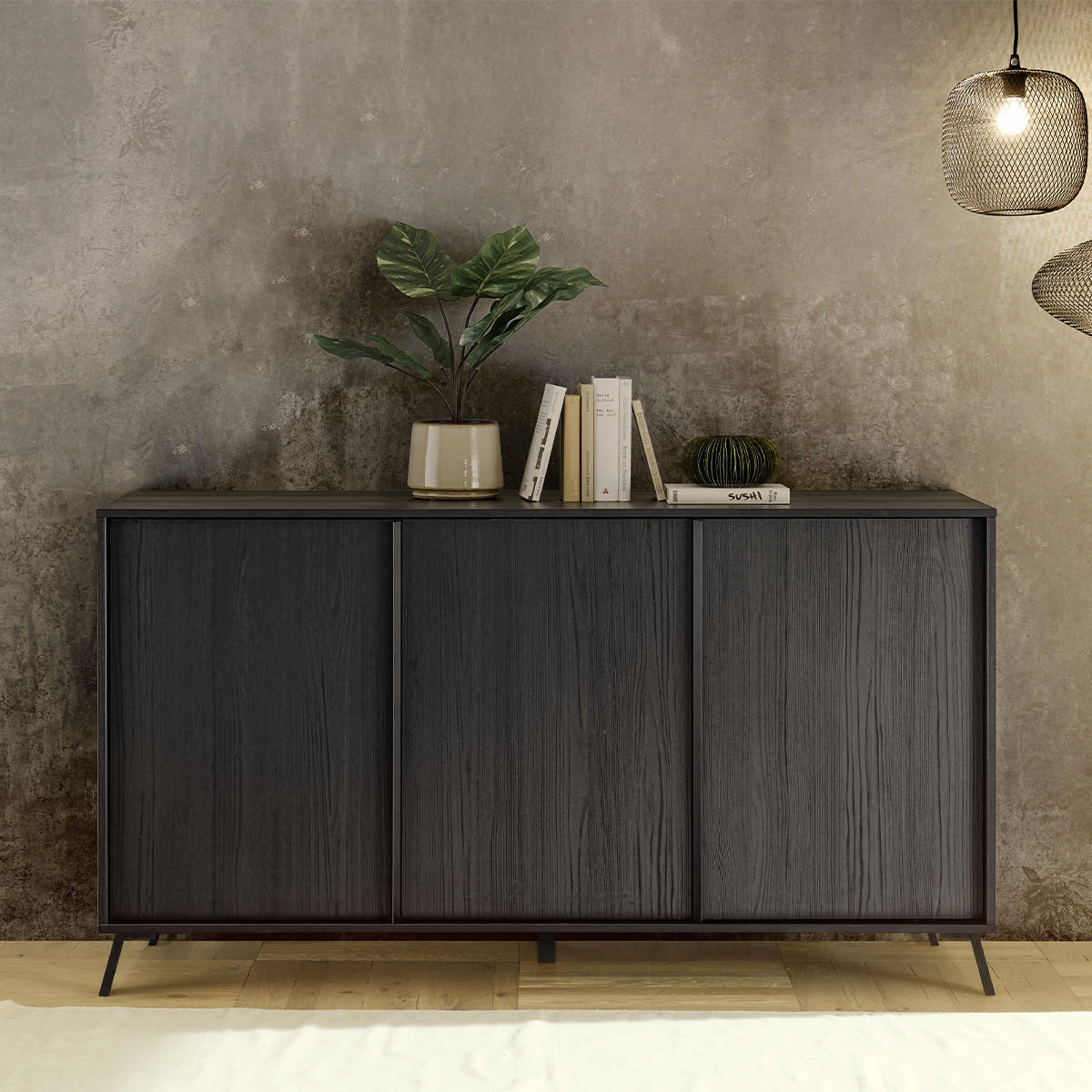 SIDEBOARD mit 3 Türen L156 cm - City - Schwarz, Holzwerkstoff (40/84/6.5cm) - Calicosy