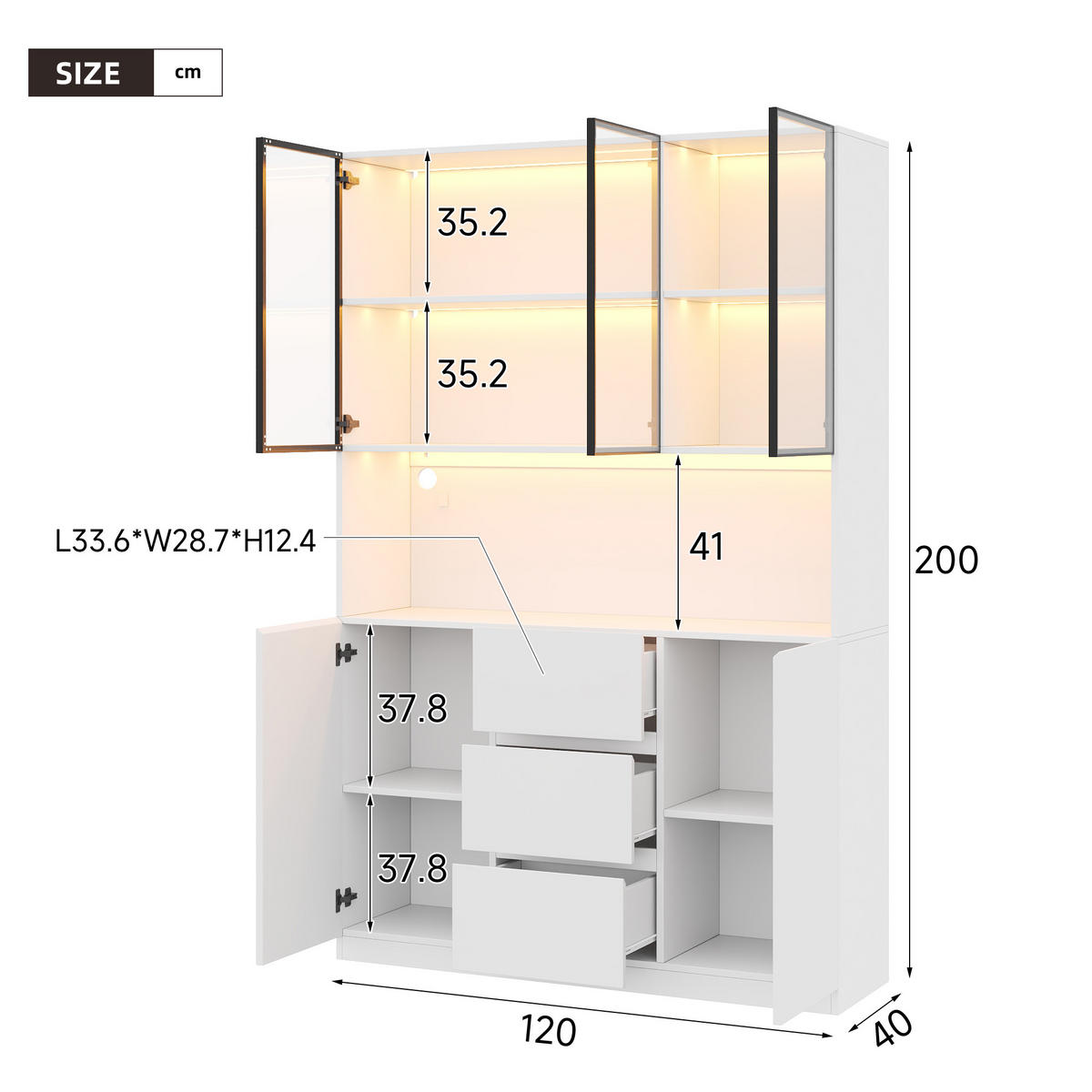 VITRINE LED 200cm 3 Schubladen 2 Türen Weiß - Weiß, Holzwerkstoff (120/200/40cm) - FLIEKS