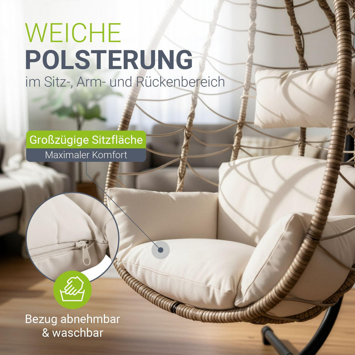 KORBHÄNGESESSEL Aria beige inkl. waschbare Bezüge - Beige, Kunststoff/Metall (95/196/95cm) - Juskys