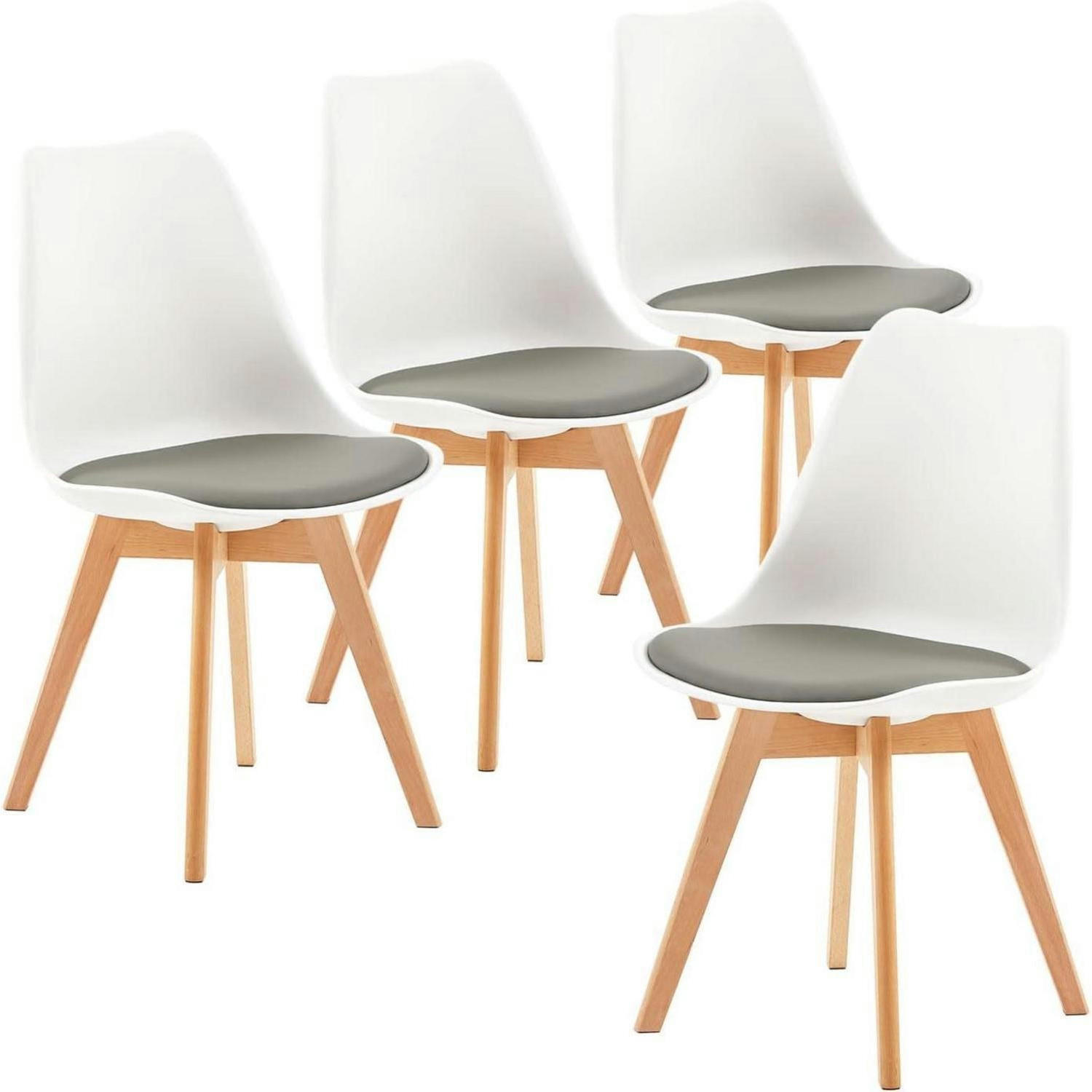 ESSZIMMERSTUHL 4er Set Weiß/Grau mit Kunstleder Sitzkissen und Massivholzbeinen - Weiß, Holz (47.5/82/41cm)