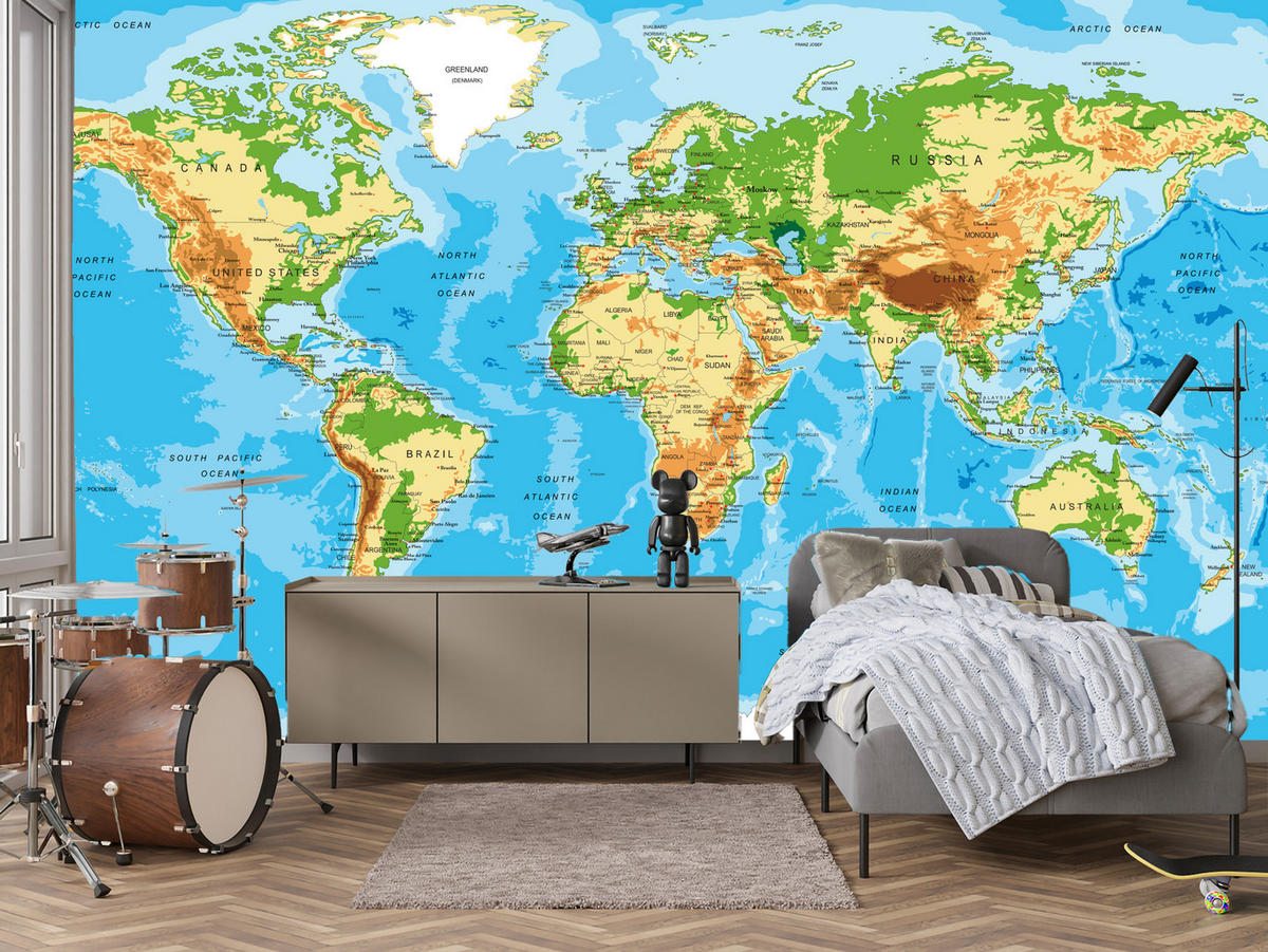 FOTOTAPETE für Wohnzimmer Physische Weltkarte Schriften 150x105 - Blau/Gelb, Papier (150/105cm) - Muralo