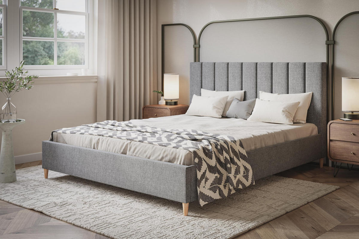 POLSTERBETT LUX Tokio mit Kopfteil, 140 x 200 cm, Doppelbett mit Lattenrost aus Holz, Strukturstoff Grau, Füße in Farbe: Braun - Grau, Holz/Textil (140/200cm) - Alpi-Möbel