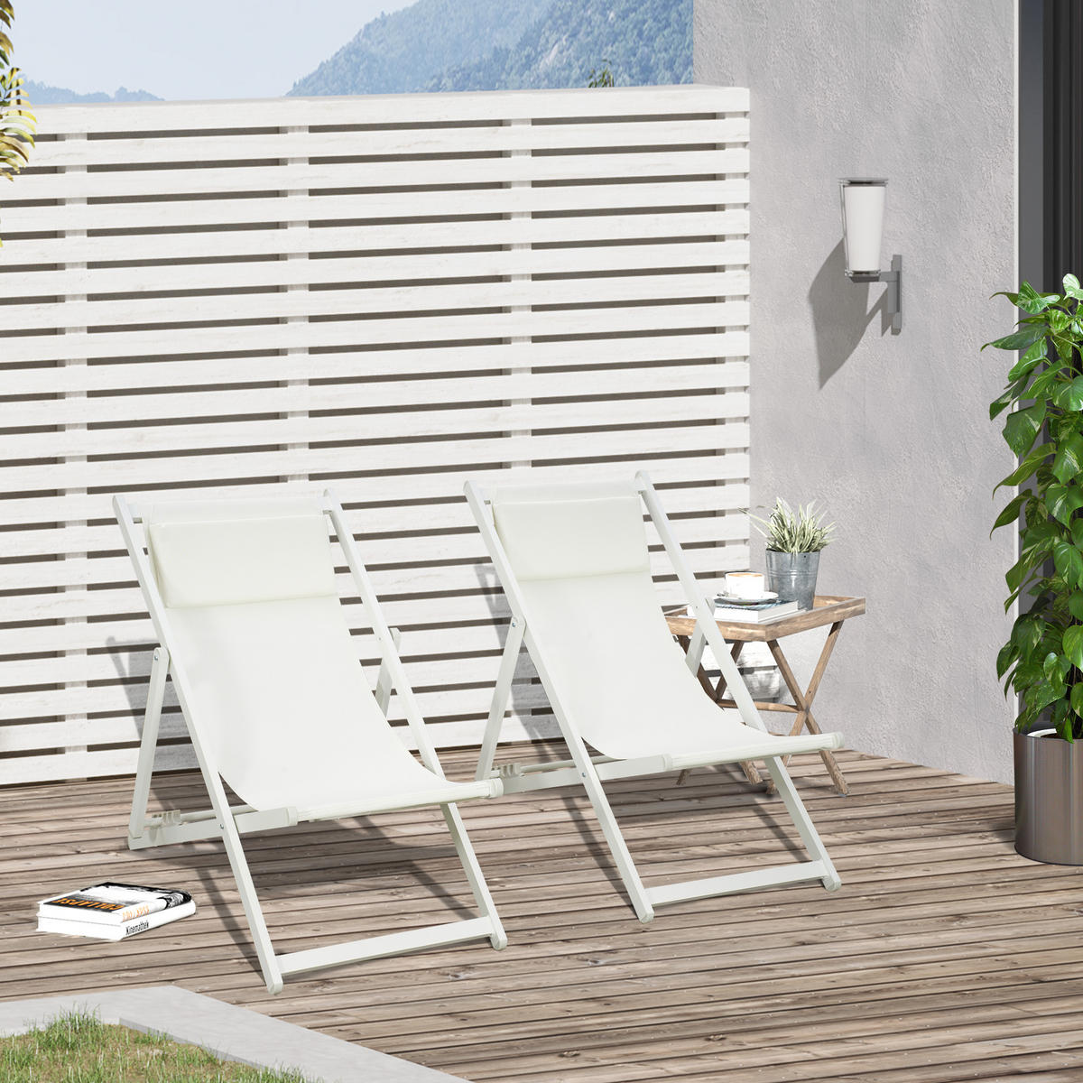 ALUMINIUM-SONNENLIEGE, 2er-Set, Weiß, 5-fach verstellbare Rücken- und Kopfstütze, 60 x 100 x 85 cm - Weiß, Metall (100/85/60cm) - Vallsero