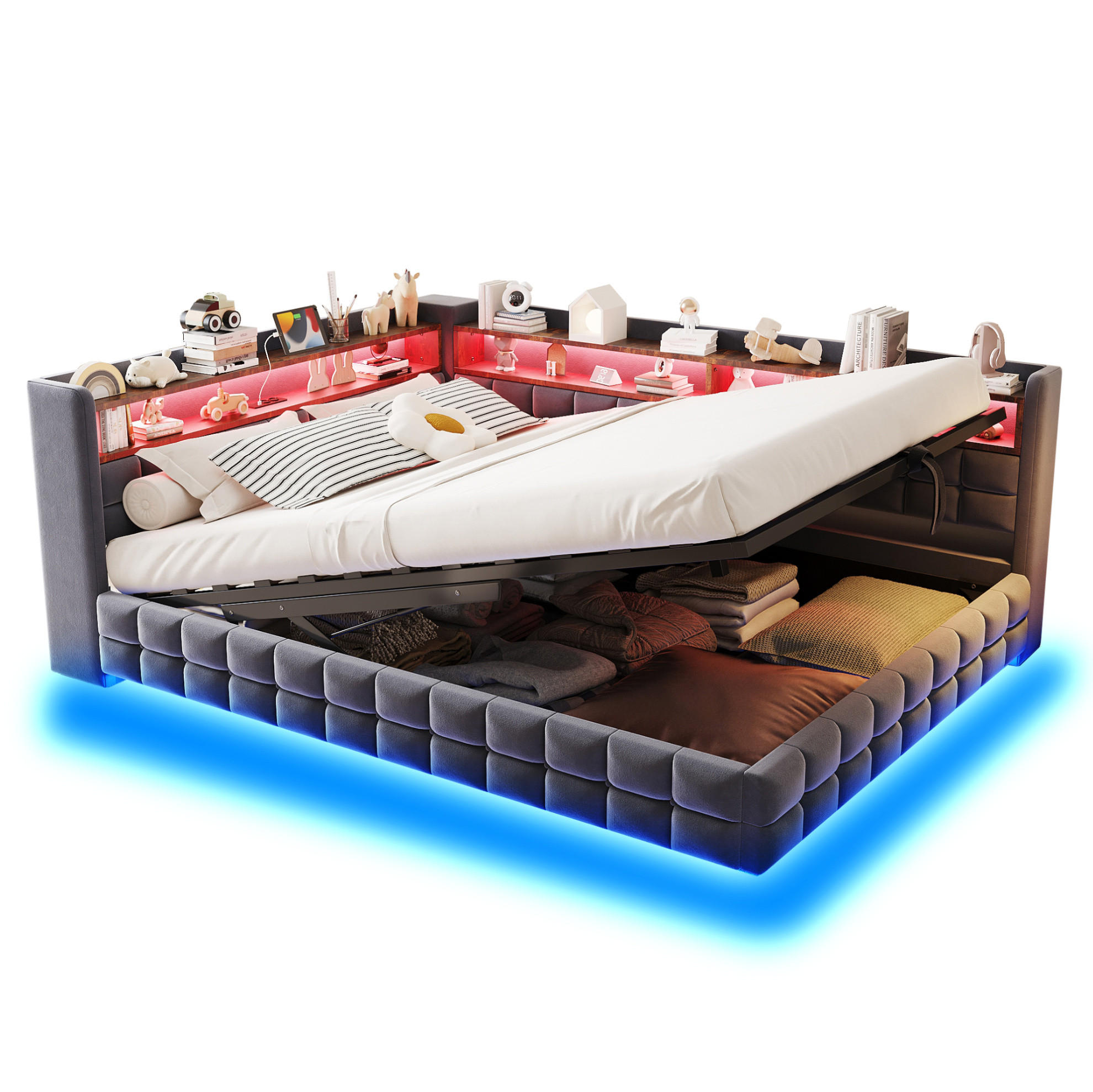 ČALOUNĚNÁ postel 140/200 cm šedá z sametu s úložným prostorem, LED a USB - šedá, textil (140/200cm) - OKWISH