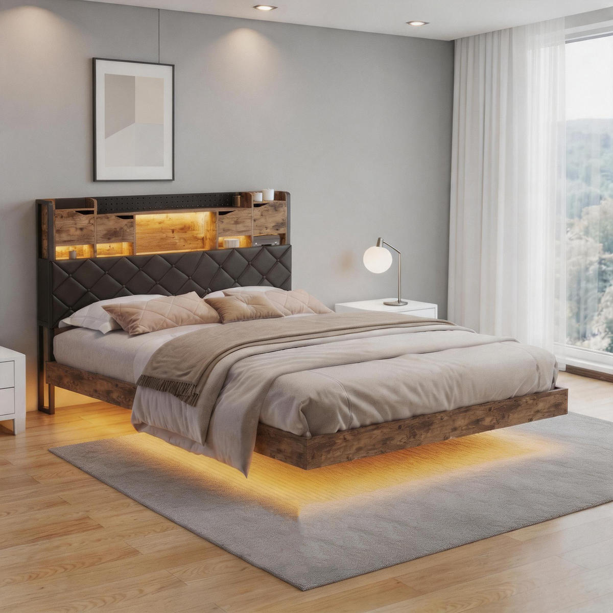 POLSTERBETT 160x200 cm mit LED und USB, Doppelbett mit Lattenrost und Kopfteil, PU, Braun und Schwarz - Schwarz/Braun, Leder/Holzwerkstoff (160/200cm) - GENKI LIVING