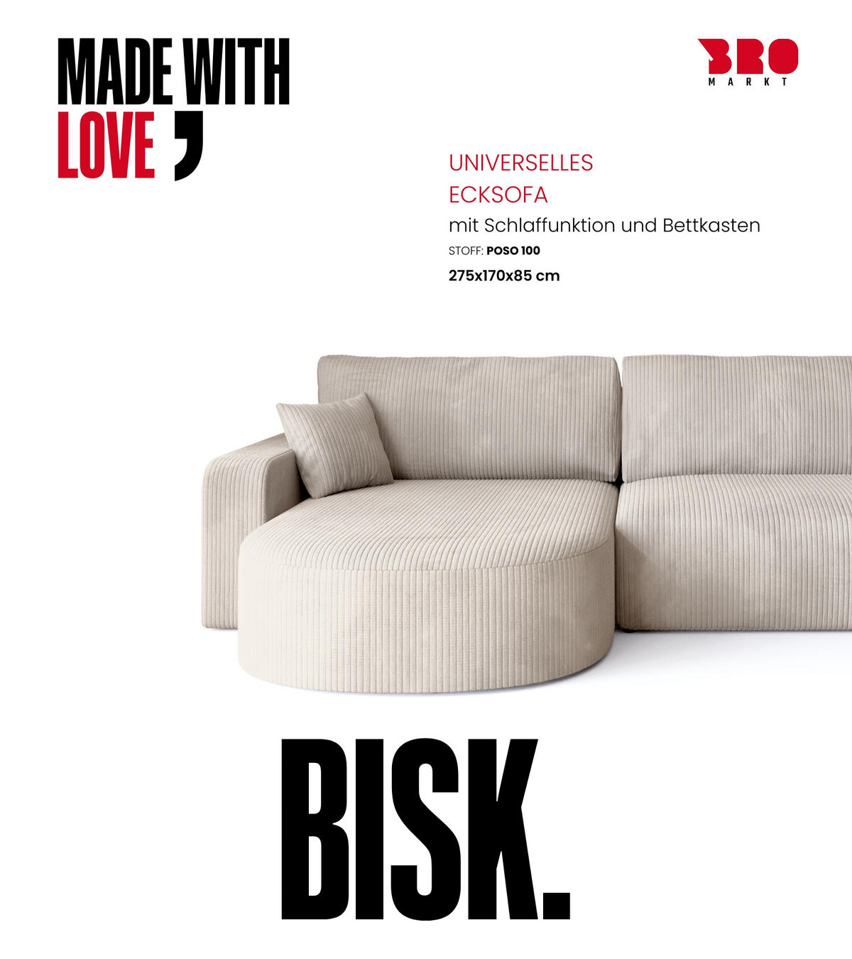 ECKSOFA Bisk mit Schlaffunktion Vanille Cordstoff - Creme, Textil (275/170cm) - Bromarkt