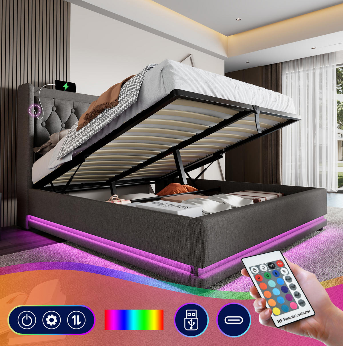 POLSTERBETT 140/200 cm Grau aus Baumwolle mit Stauraum, LED und USB- und Type-C-Anschlüssen - Grau, Textil (140/200cm) - Flora Grace