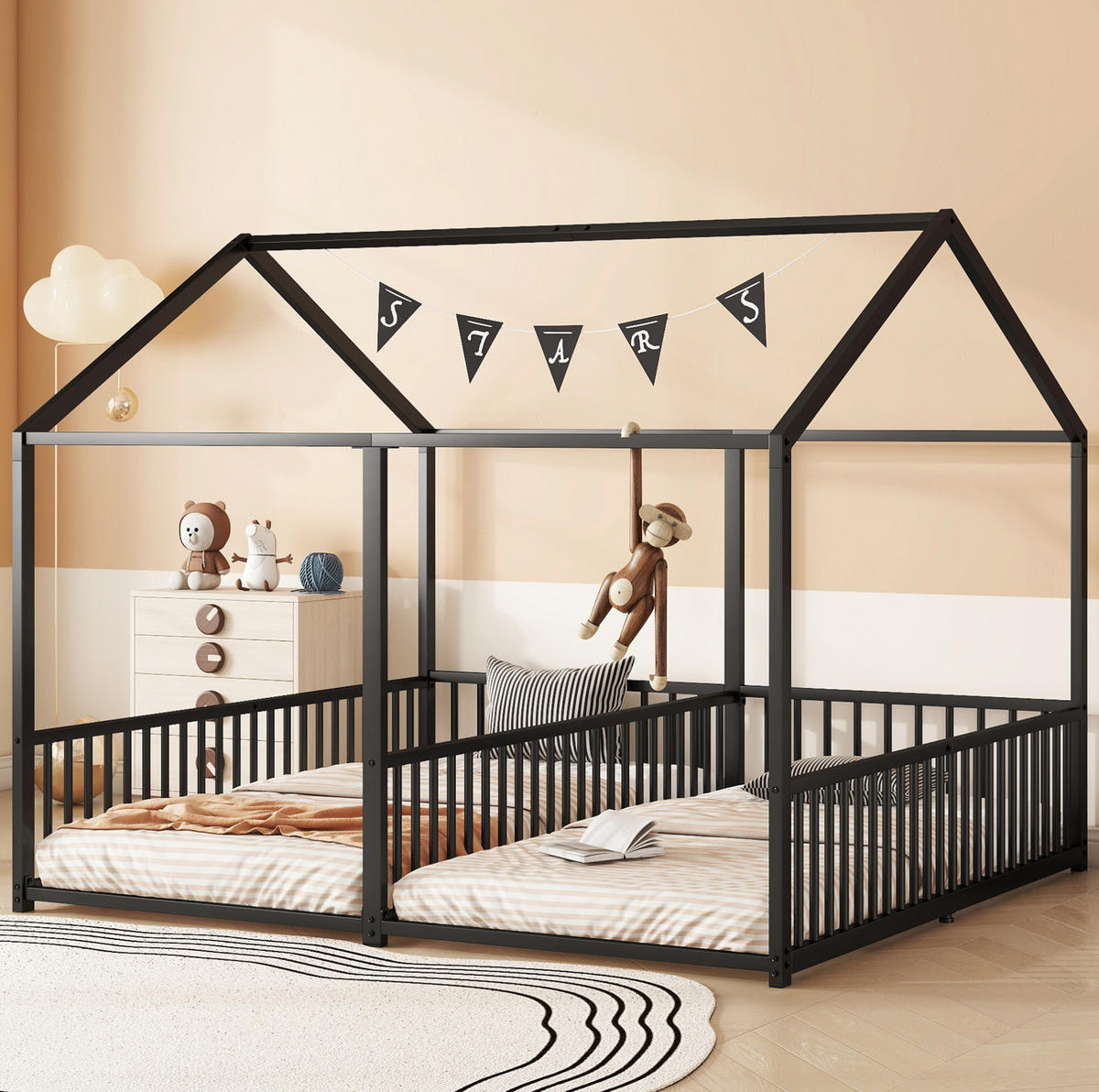 METALLBETT aus Metall 90x200 cm Schwarz mit Sicherheitsgeländer, Leiter und Hausform - Schwarz, Metall (90/200cm) - Modfu