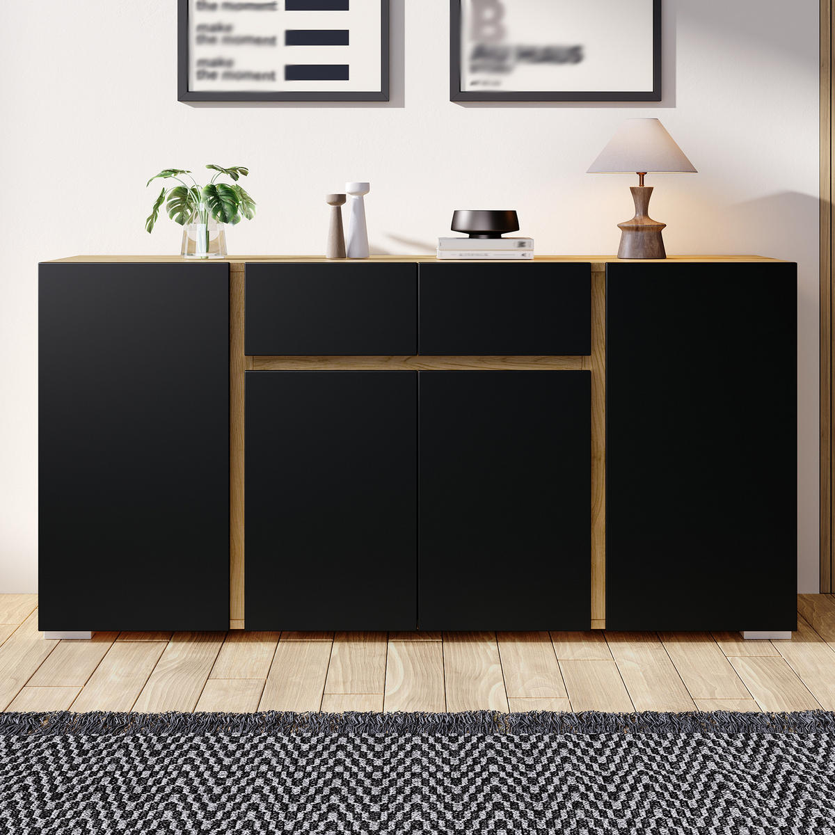 SIDEBOARD 140/35/70 cm mit 4 Türen, 2 Schubladen und verstellbaren Einlegeböden in Schwarz-Holzoptik - Schwarz/Naturfarben, Holzwerkstoff (140/70/35cm) - CHICFURN