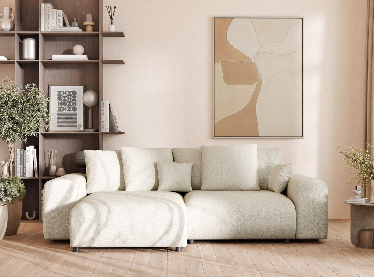 ECKSOFA MIT SCHLAFFUNKTION Solo Creme Webstoff - Creme/Schwarz, Holz/Holzwerkstoff (255/168cm) - Maison de Reve