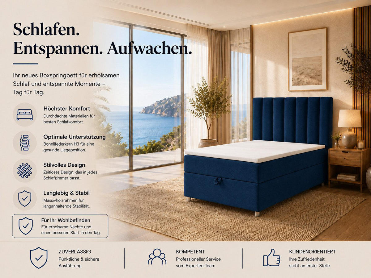 BOXBETT mit Bettkasten Trinity K-10 SINGLE Bonellfederkern inkl. Topper - Blau, Holz/Holzwerkstoff (90/200cm) - Best For Home