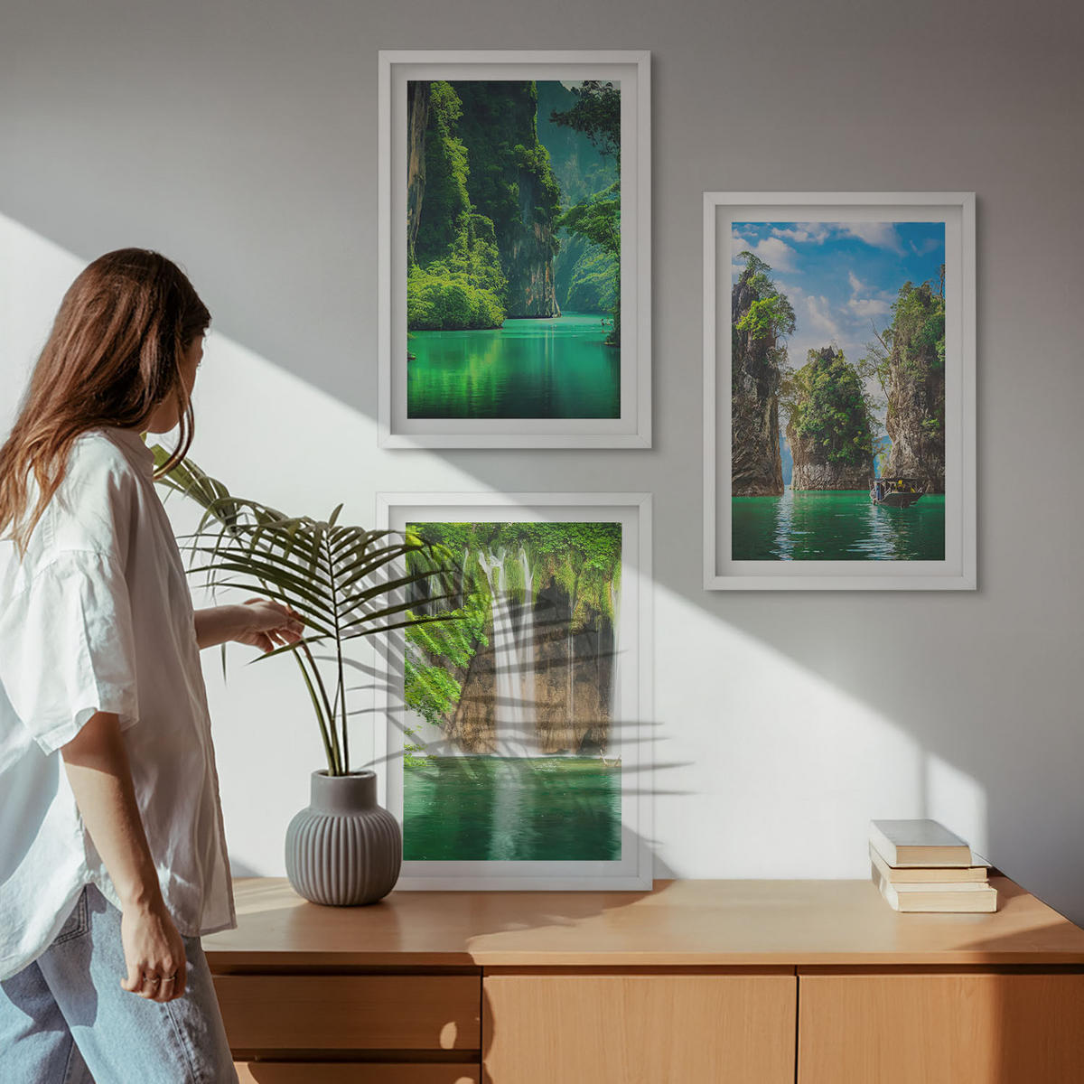 WANDBILDER 3er-Set - 40x60 cm Weißer Rahmen - Grüne Landschaften, Wasserfälle - Weiß, Kunststoff (40/60cm) - ArtPrintCave