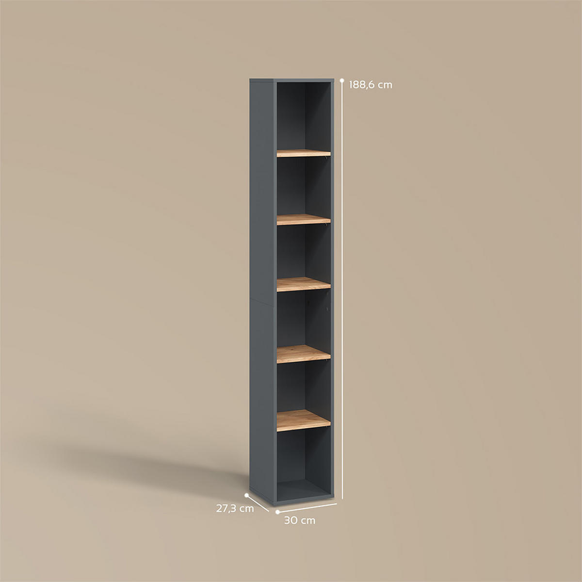 BADSCHRANK Paolina Anthrazit/Goldkraft Eiche 30 x 188.6 cm - Honigeiche/Anthrazit, Holzwerkstoff (30/188.6/27.3cm) - Livinity®