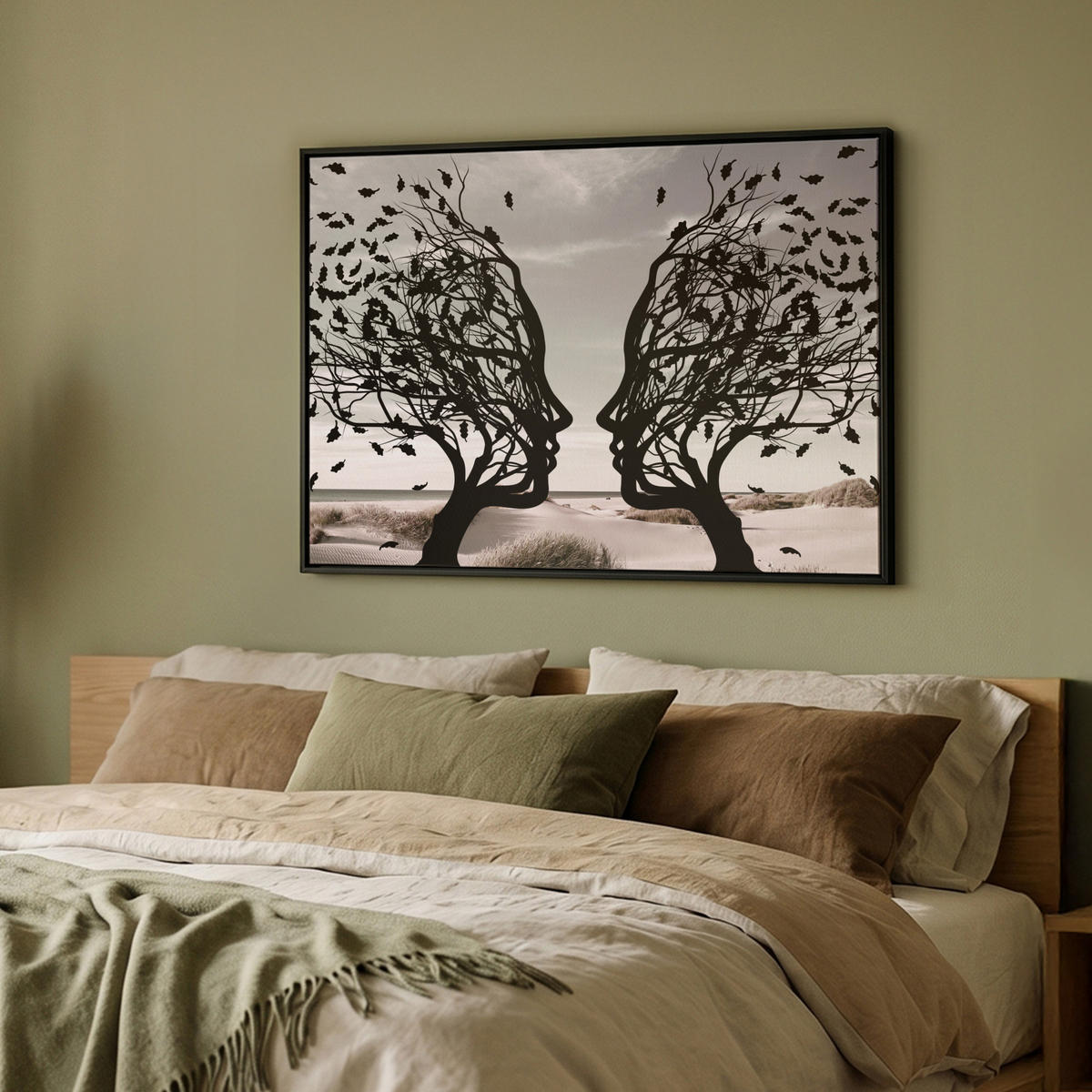 LEINWAND Bilder mit Rahmen - Strand - Meer - Menschen - Baum - Moderne Kunst - 100x70 - Hellgrau, Textil (100/70cm) - MuchoWow