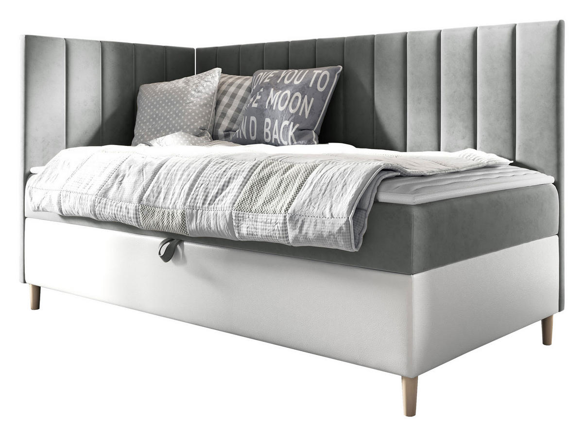 BOXBETT Maja Junior 3, Seite zum Öffnen des Bettkastens: Links - Weiß/Grau, Holz (90/200cm) - MIRJAN24